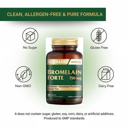 Nutraxin Bromelain Forte – 2400 GDU/g Bromelain with Green Tea Extract, Chromium & Probiotics | 60 Tablets