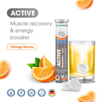Nutrazul Active Magnesium & Zinc Effervescent Tablets – 60 Tablets | Orange Flavor