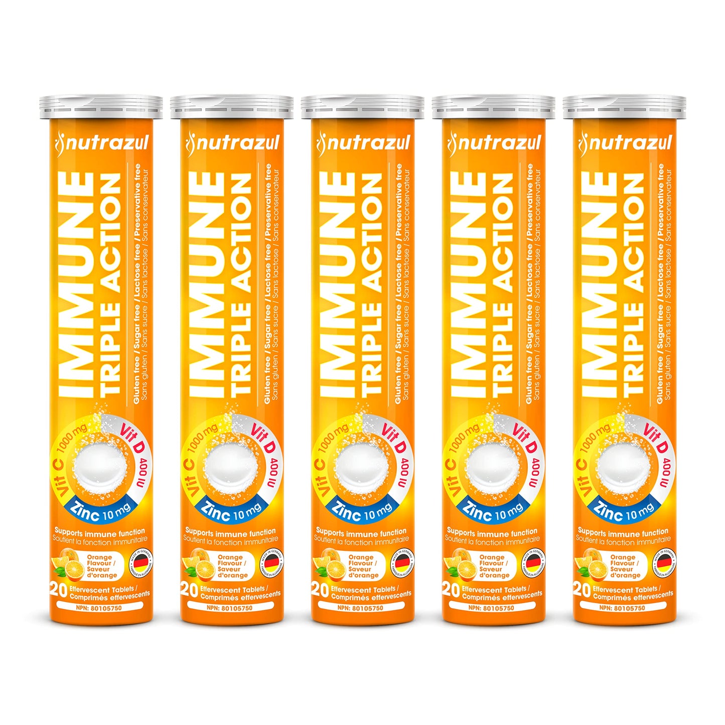 Nutrazul Immune Triple Action Effervescent Tablets – Vitamin C 1000mg, Vitamin D 400IU, Zinc 10mg | Orange Flavor