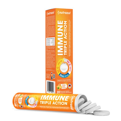 Nutrazul Immune Triple Action Effervescent Tablets – Vitamin C 1000mg, Vitamin D 400IU, Zinc 10mg | Orange Flavor