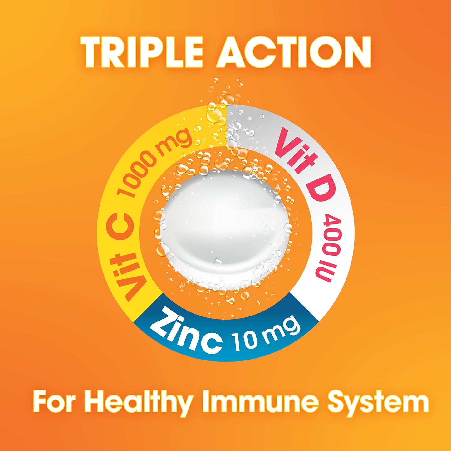 Nutrazul Immune Triple Action Effervescent Tablets – Vitamin C 1000mg, Vitamin D 400IU, Zinc 10mg | Orange Flavor