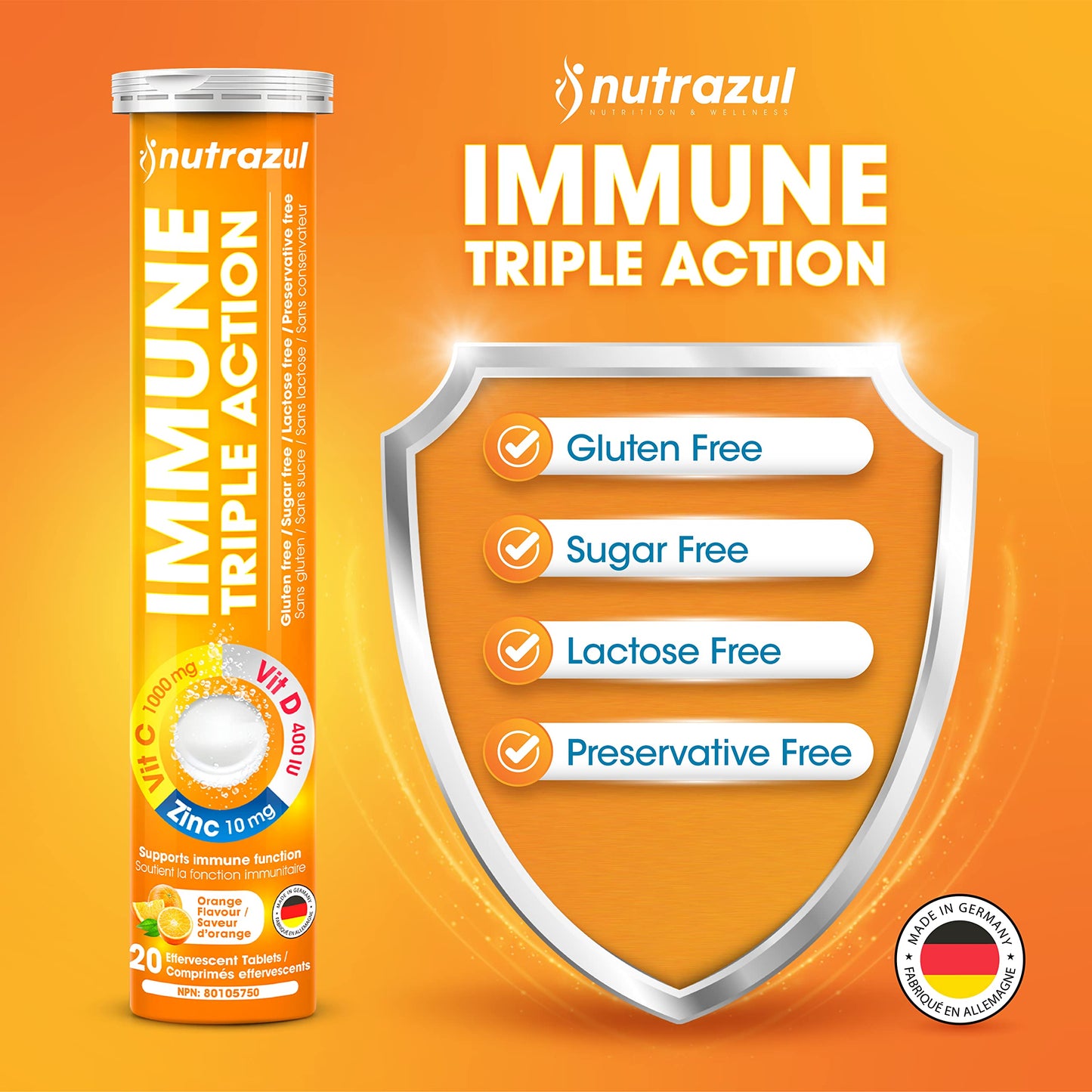 Nutrazul Immune Triple Action Effervescent Tablets – Vitamin C 1000mg, Vitamin D 400IU, Zinc 10mg | Orange Flavor