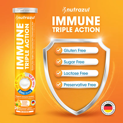 Nutrazul Immune Triple Action Effervescent Tablets – Vitamin C 1000mg, Vitamin D 400IU, Zinc 10mg | Orange Flavor
