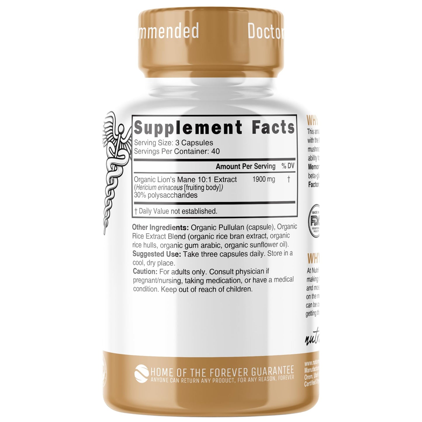 Nutri Organic Lion's Mane - 1900 mg, 120 Count, 10:1 Dual Extraction