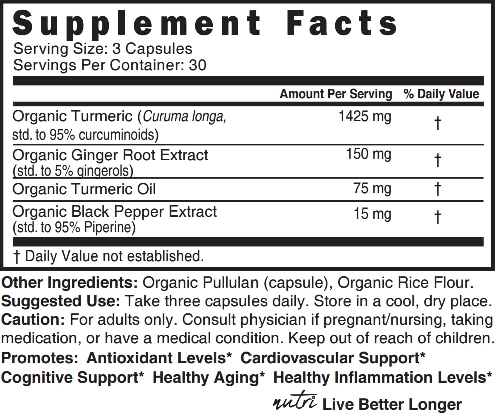 Nutri Organic Turmeric Curcumin 1425mg – 40x More Bioavailable, 95% Curcuminoids, 3rd-Party Tested