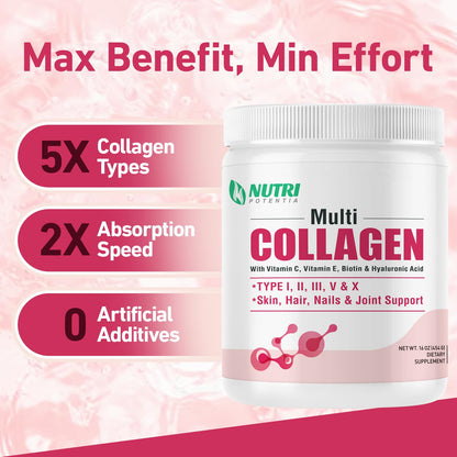 NUTRI POTENTIA Multi Collagen Peptides Powder – Unflavored, 45 Servings