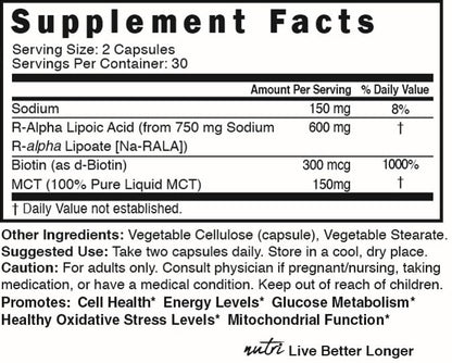 Nutri R Alpha Lipoic Acid 600mg Capsules - R-Lipoic Acid with Biotin | 60 Vegan Capsules | RALA
