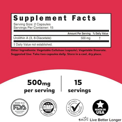 Nutri Urolithin A Supplement 500mg - NAD+ Boost, Antioxidant, 30 Vegan Capsules