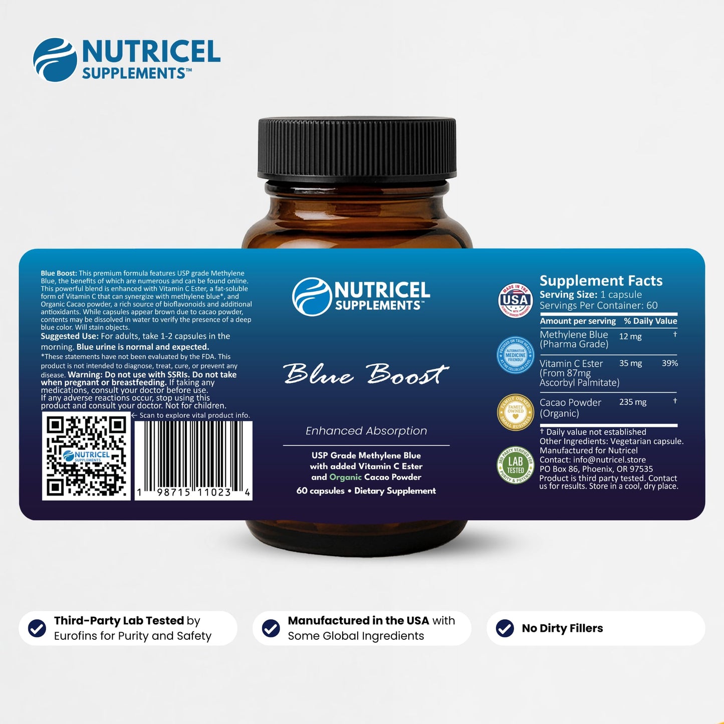 Nutricel Methylene Blue Capsules 12 mg | 60ct | Vitamin C Ester | Made in USA