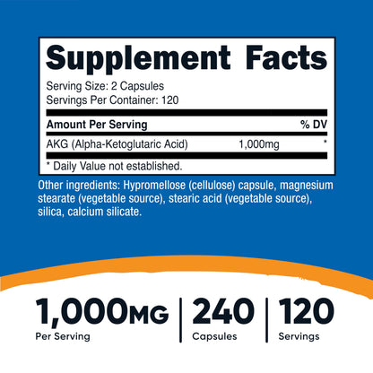 Nutricost AKG Alpha Ketoglutaric Acid 1,000 mg | 240 Capsules | 120 Servings | Energy Support