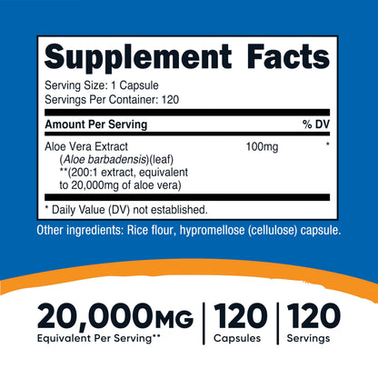 Nutricost Aloe Vera 20,000mg 100mg of 200:1 Extract – 120 Vegetarian Capsules | Gluten Free, Non-GMO