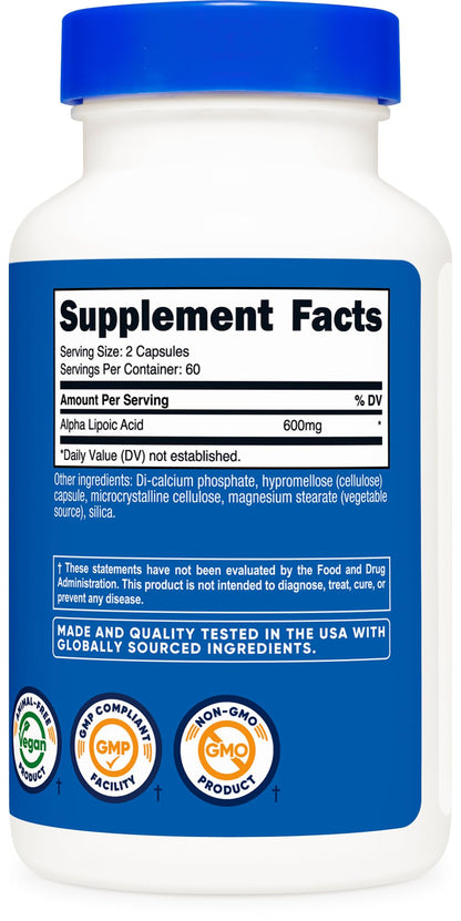 Nutricost Alpha Lipoic Acid 600mg - 120 Capsules (60 Servings) | Plant Based, Non-GMO