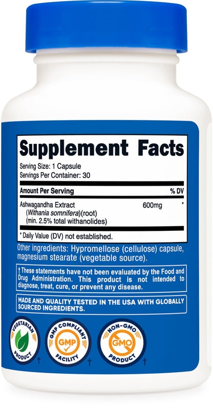 Nutricost Ashwagandha Root Extract 600mg - 30 Vegetarian Capsules | Non-GMO, Gluten Free