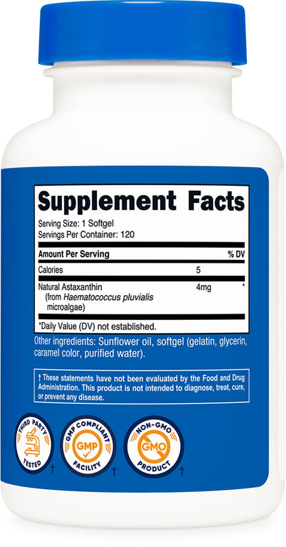 Nutricost Astaxanthin 4mg – Gluten Free, Non-GMO, 120 Softgels