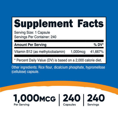Nutricost Vitamin B12 1000mcg Methylcobalamin – 240 Capsules per Bottle, Pack of 2 | Vegetarian, Non-GMO & Gluten Free