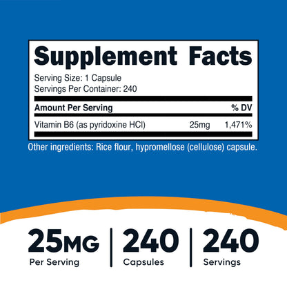 Nutricost Vitamin B6 25mg (Pyridoxine HCl) – 240 Capsules | Non-GMO, Gluten Free, Vegetarian