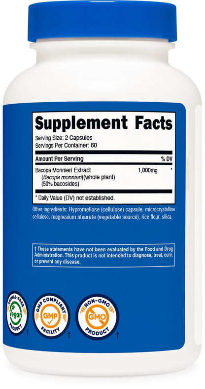 Nutricost Bacopa Monnieri 1000mg – 120 Capsules (60 Servings) – Pack of 2