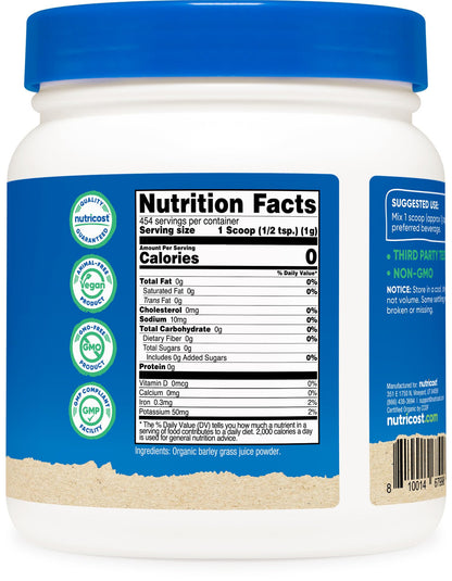 Nutricost Organic Barley Grass Juice Powder (1 lb) - Unflavored, Gluten-Free & Vegan