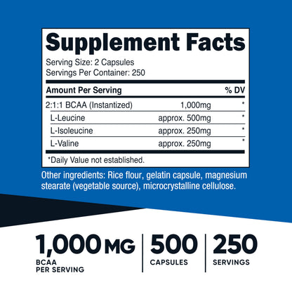 Nutricost BCAA 1000mg – 500 Capsules | 2:1:1 BCAA Formula
