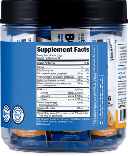 Nutricost BCAA+ Hydration Peach Mango - 20 Stickpacks | Gluten-Free & Non-GMO