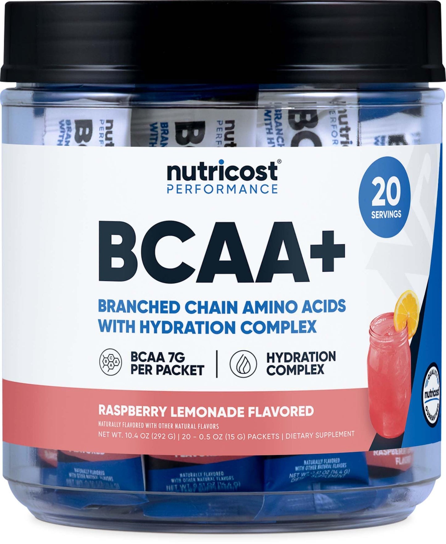 Nutricost BCAA+ Hydration Raspberry Lemonade - 20 Stickpacks (Gluten-Free, Non-GMO)