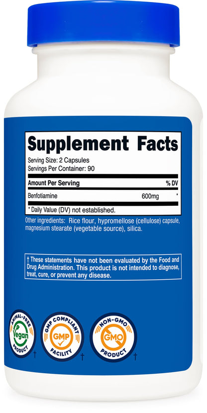 Nutricost Benfotiamine 600 mg | 180 Capsules – Fat-Soluble Vitamin B1 (Thiamine) – Gluten Free, Non-GMO, Vegan