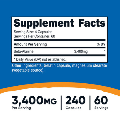 Nutricost Beta-Alanine Capsules 3400mg | 60 Servings (850mg per cap) – Gluten Free & Non-GMO, Made in USA