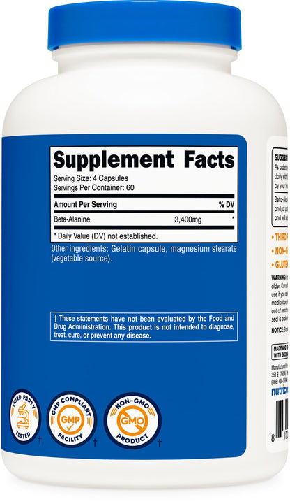 Nutricost Beta-Alanine Capsules 3400mg | 60 Servings (850mg per cap) – Gluten Free & Non-GMO, Made in USA