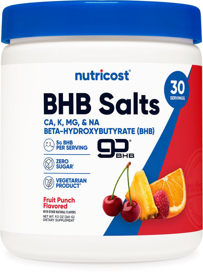 Nutricost BHB Salts Drink Mix Fruit Punch – 30 Servings, 5 g BHB per Serving, 0 g Total Sugars, Vegetarian