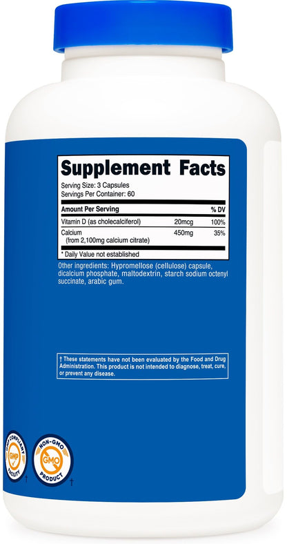 Nutricost Calcium Citrate + Vitamin D – 180 Capsules, 60 Servings (2100 mg Calcium Citrate, 20 mcg Vitamin D)