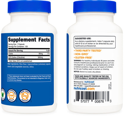 Nutricost CDP Choline (Citicoline) 300mg – 120 Vegetarian Capsules | Non-GMO, Gluten Free