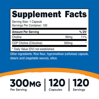Nutricost CDP Choline (Citicoline) 300mg – 120 Vegetarian Capsules | Non-GMO, Gluten Free