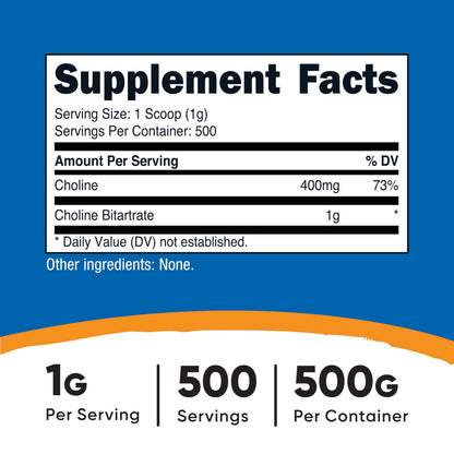 Nutricost Pure Choline Bitartrate Powder 500g – Gluten Free & Non-GMO
