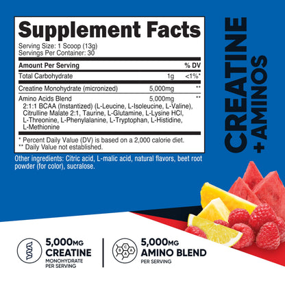 Nutricost Creatine + Aminos (30 Servings) – Fruit Punch, 5,000 mg Creatine Monohydrate + 5,000 mg BCAA per Serving
