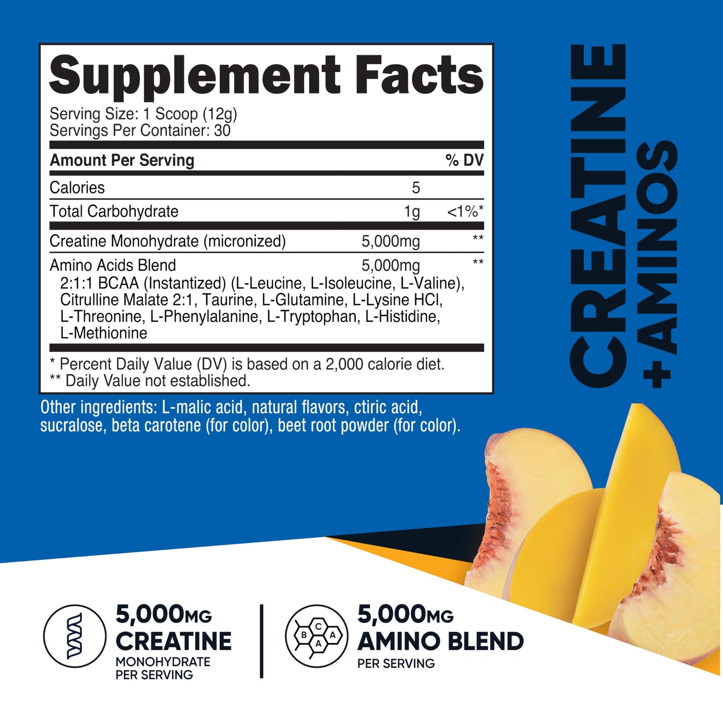 Nutricost Creatine + Aminos 30 Servings Peach Mango – 5,000mg Creatine Monohydrate + 5,000mg BCAA per Serving