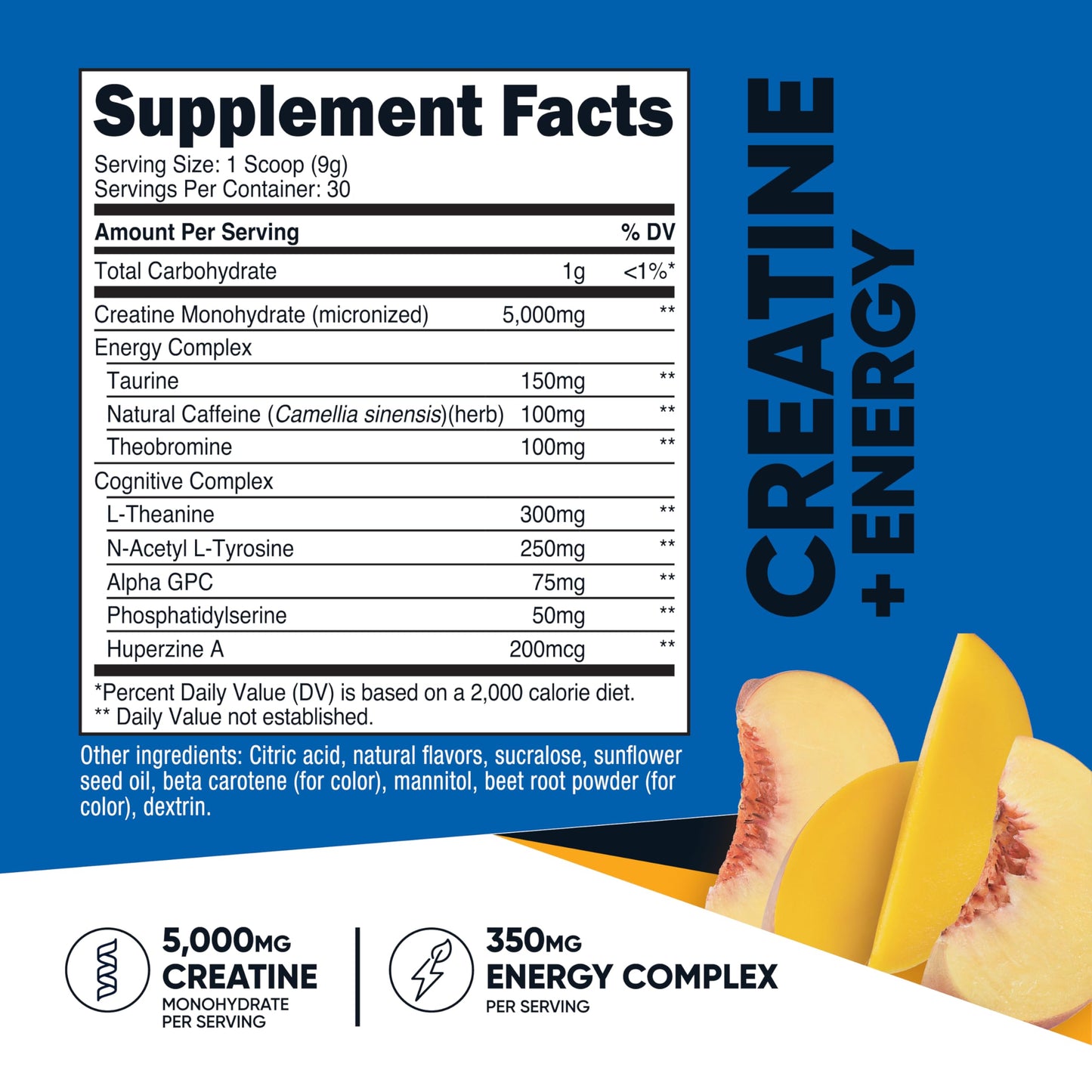 Nutricost Creatine + Energy Peach Mango – 30 Servings (5,000mg Creatine Monohydrate + 350mg Energy)