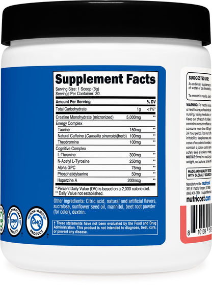 Nutricost Creatine + Energy 30 Servings – Watermelon | 5,000mg Creatine Monohydrate + 350mg Energy