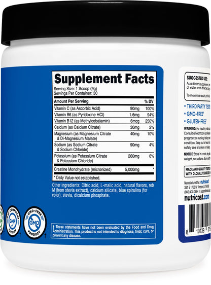Nutricost Creatine Monohydrate + Hydration Blue Raspberry – 30 Servings