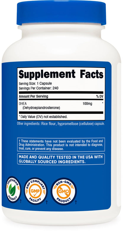Nutricost DHEA 100mg, 240 Capsules - Gluten Free, Soy Free, Non-GMO, Supplement