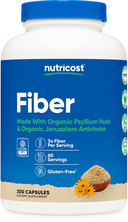 Nutricost Fiber Capsules – Prebiotic Fiber with Organic Psyllium Husk & Organic Jerusalem Artichoke, 300 Caps, 60 Servings, Gluten Free