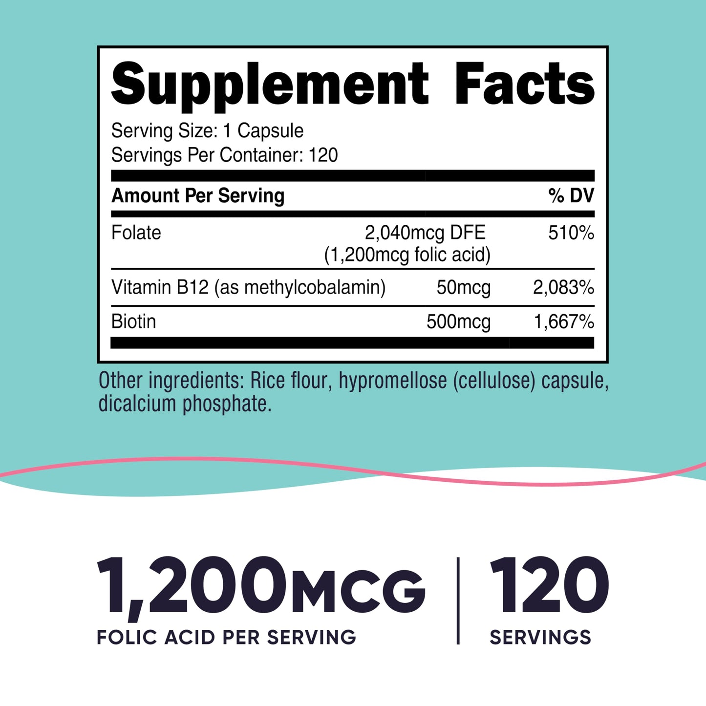 Nutricost Folic Acid for Women 1200 mcg – 120 Veggie Caps, B12 & Biotin | Non-GMO, Gluten Free