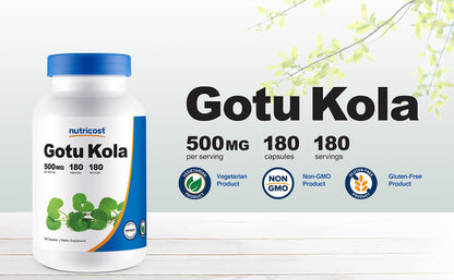 Nutricost Gotu Kola 500 MG - 180 Vegetarian Capsules | Gluten Free, Non-GMO