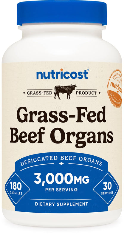 Nutricost Grass Fed Beef Organs Supplement (3,000mg) – 180 Capsules | Desiccated Bovine Organ Complex