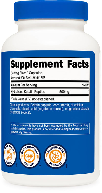 Nutricost Keratin Hydrolized Peptide Capsules - 500MG, 120 Capsules (60 Servings) - Non-GMO, Gluten-Free