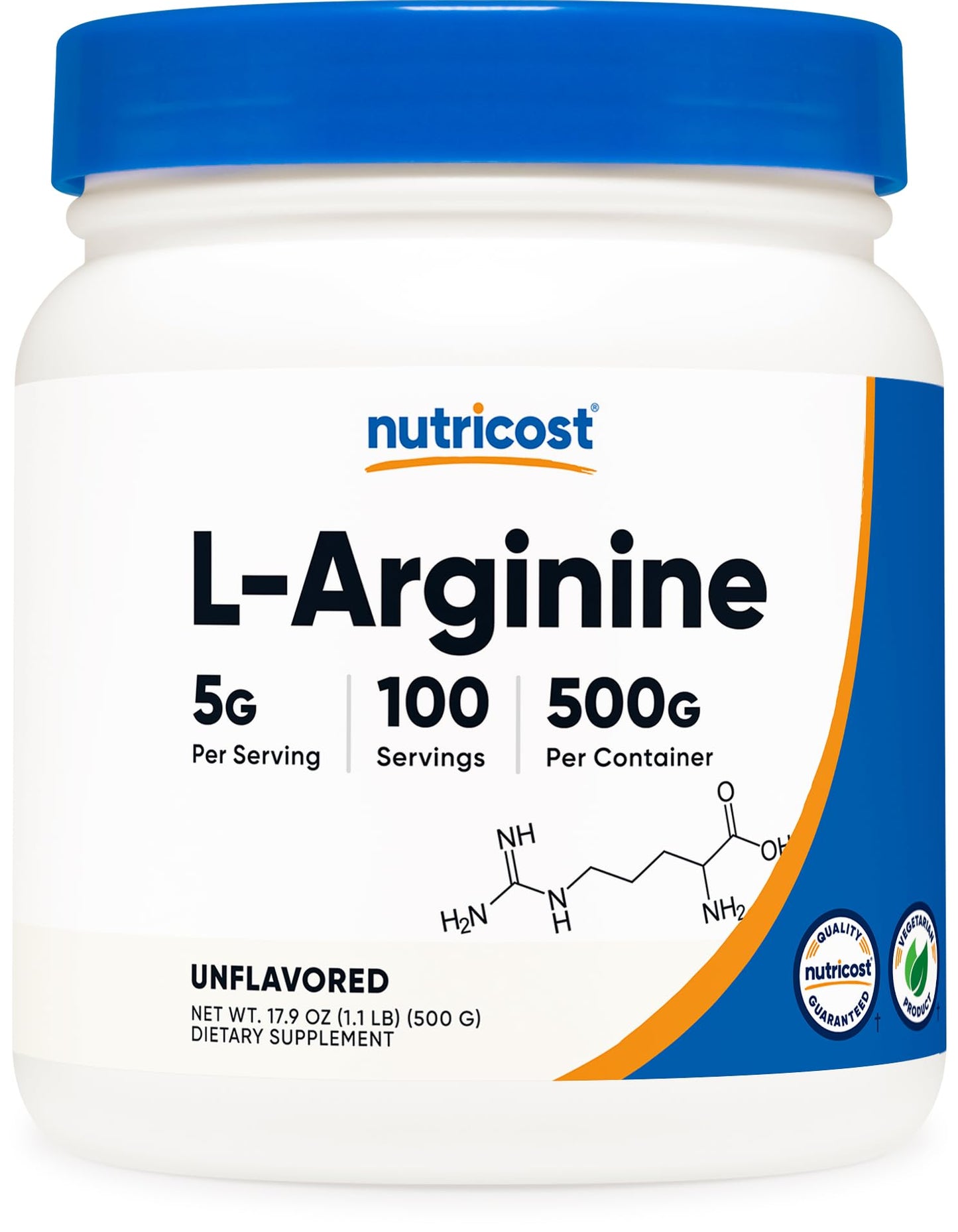 Nutricost L-Arginine Powder 500g (1.1lbs) – 5g Per Serving, 100 Servings