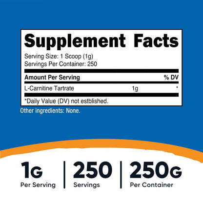 Nutricost L-Carnitine Tartrate Powder – 250g, 1g Serving, 250 Servings