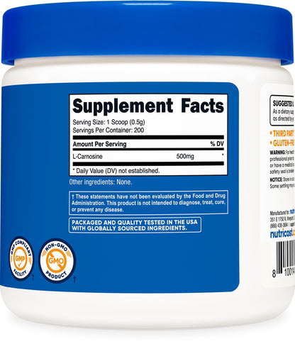 Nutricost L-Carnosine Powder 100 Grams (200 Servings) – Non-GMO, Gluten Free