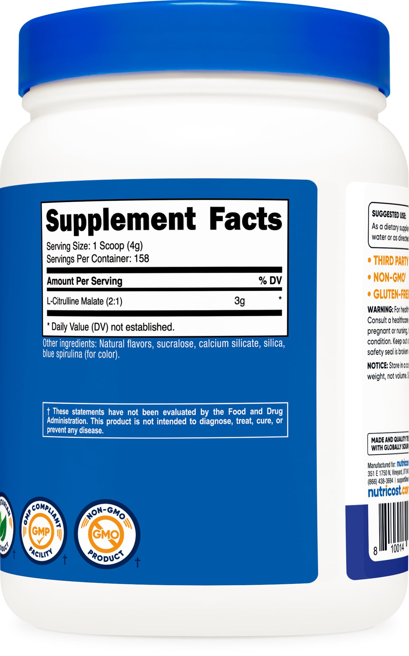 Nutricost L-Citrulline Malate 2:1 (600g) Blue Raspberry – 3g per Serving, 171 Servings | 30-Day Guarantee
