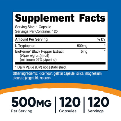 Nutricost L-Tryptophan 500mg – 120 Capsules per Bottle, with BioPerine, Gluten Free, Non-GMO (Pack of 2)
