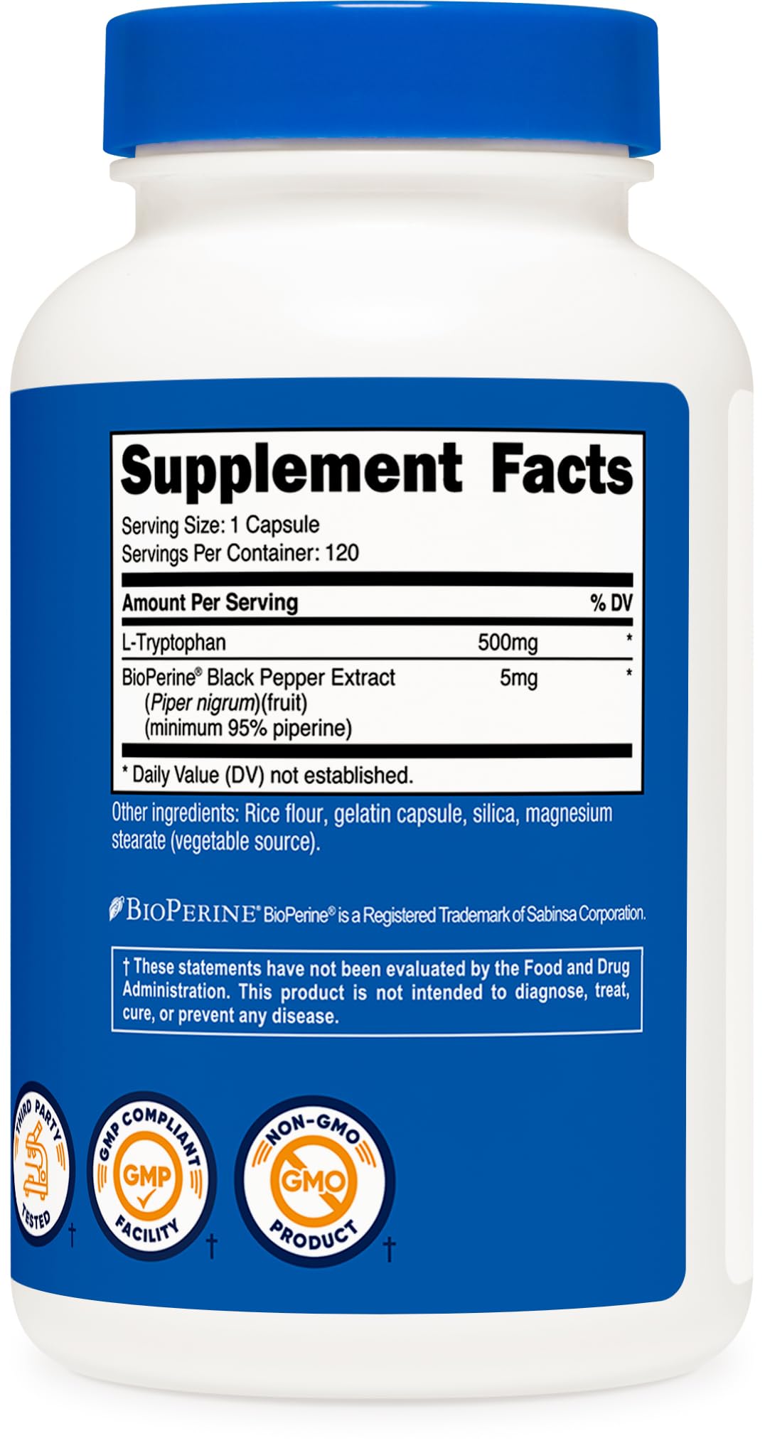 Nutricost L-Tryptophan 500mg – 120 Capsules per Bottle, with BioPerine, Gluten Free, Non-GMO (Pack of 2)